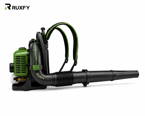 The RUXFY TurboJet E1800 Corded Electric Leaf Blower features a long directional blower tube, ergonomic handle, ventilated motor housing, and detachable concentrator nozzle for convenient everyday outdoor cleanup.