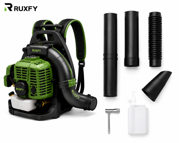 The RUXFY TurboJet E1800 Corded Electric Leaf Blower features a long directional blower tube, ergonomic handle, ventilated motor housing, and detachable concentrator nozzle for convenient everyday outdoor cleanup.